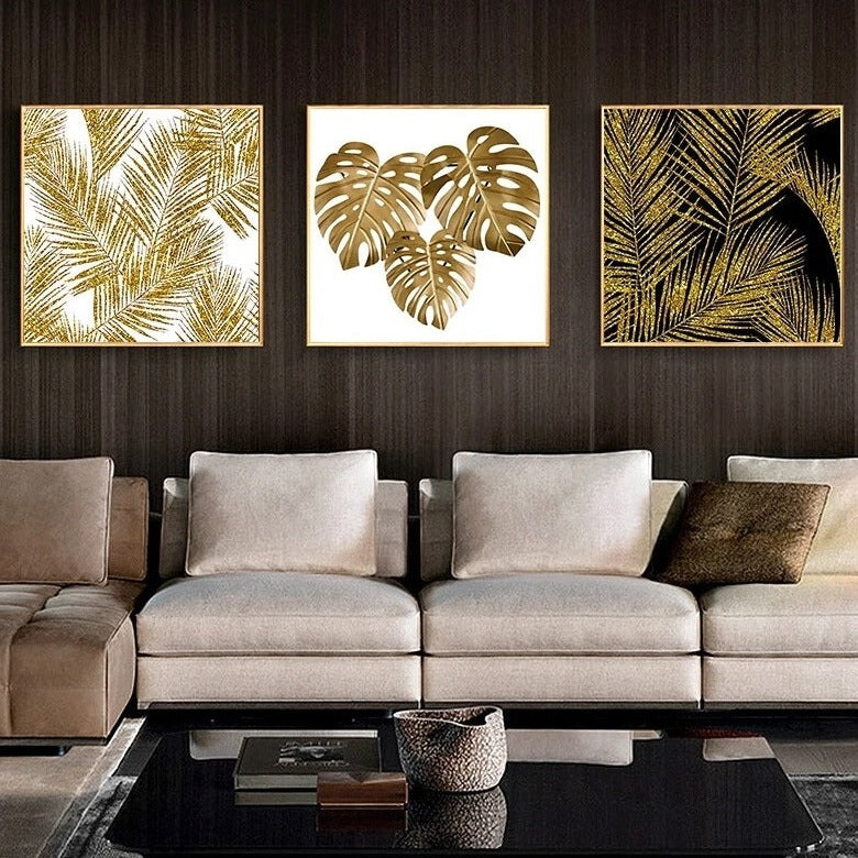 Abstract Golden Leaves Black White Wall Art