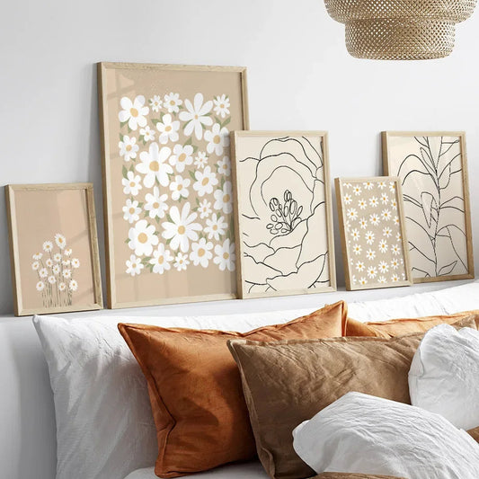 Abstract Minimalist Line Nordic Flowers Daisies Pastel Canvas Wall Art