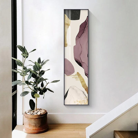 Luxury Abstract Purple and Gold Vertical Slim Canvas Wall Art for Modern Living Rooms, Jass Home Decor Nordic Style Liquid Geomorphic Print, Shipping to UK and USA