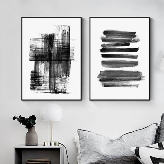 Abstract Brush Strokes Ink Black White Canvas Wall Art