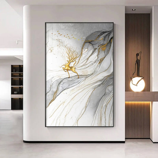 Abstract Landscape Golden Stag Canvas Wall Art
