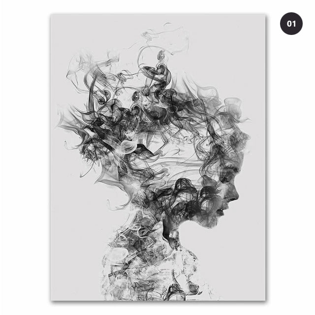 Abstract black and white portrait wall art of a girl with smoke-like features, displayed on a wall above a dining table with red and white tableware.