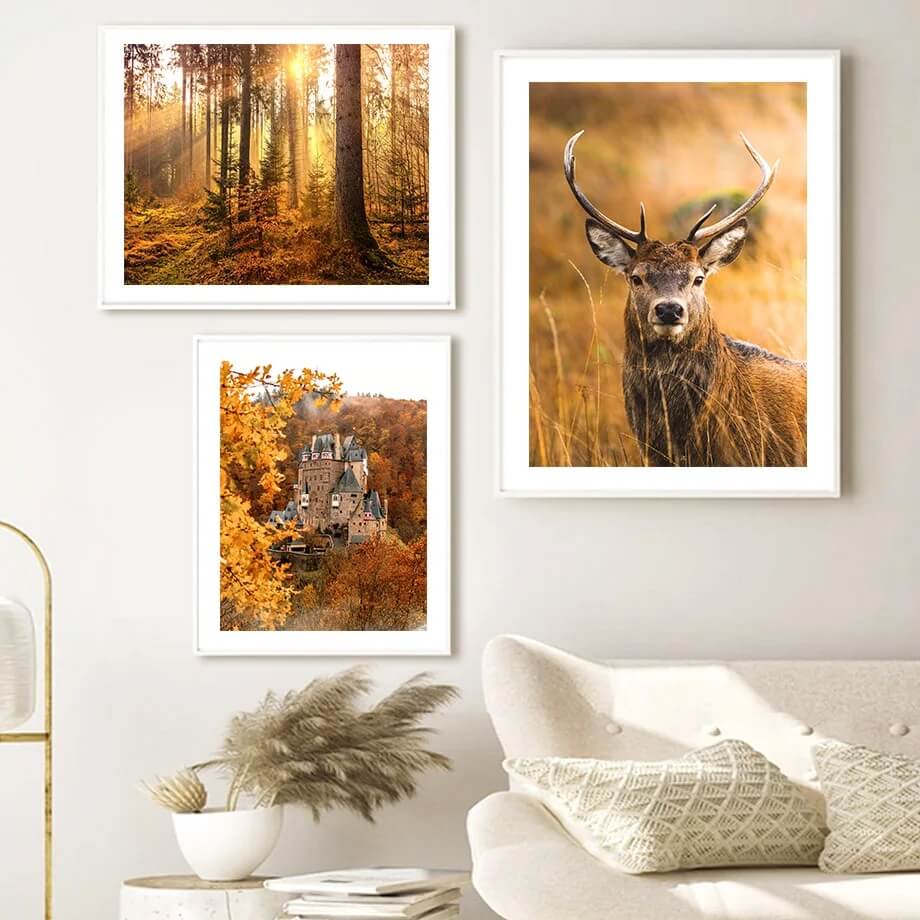 Autumn Forest Deer Pumpkin Leaves Road Large Wall Art