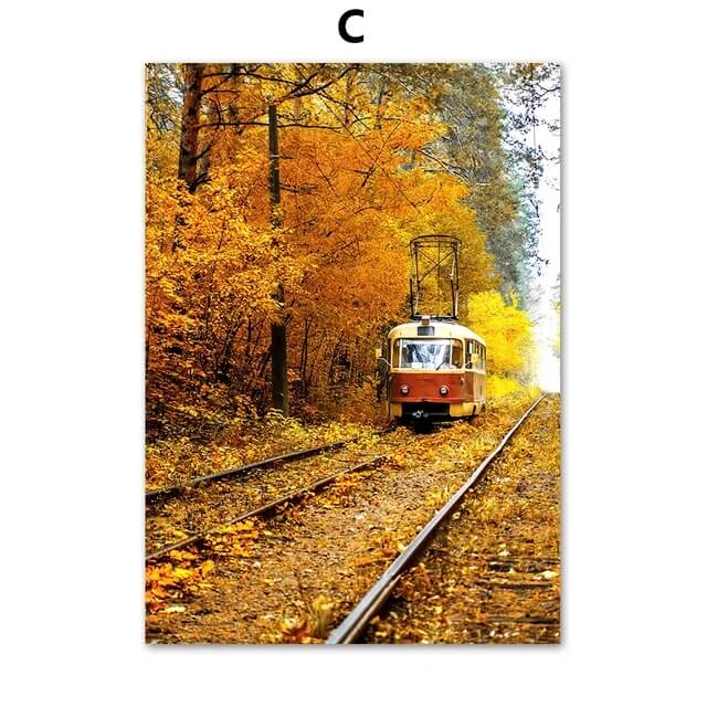 Autumn Forest Deer Pumpkin Leaves Road Large Wall Art