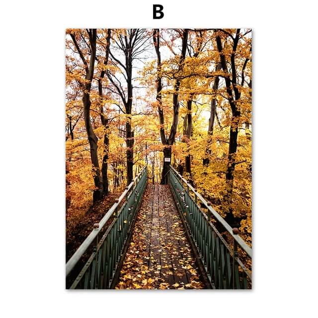 Autumn Forest Deer Pumpkin Leaves Road Large Wall Art