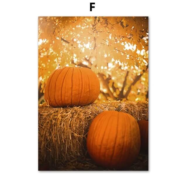Autumn Forest Deer Pumpkin Leaves Road Large Wall Art