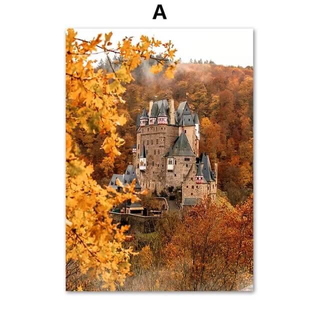 Autumn Forest Deer Pumpkin Leaves Road Large Wall Art