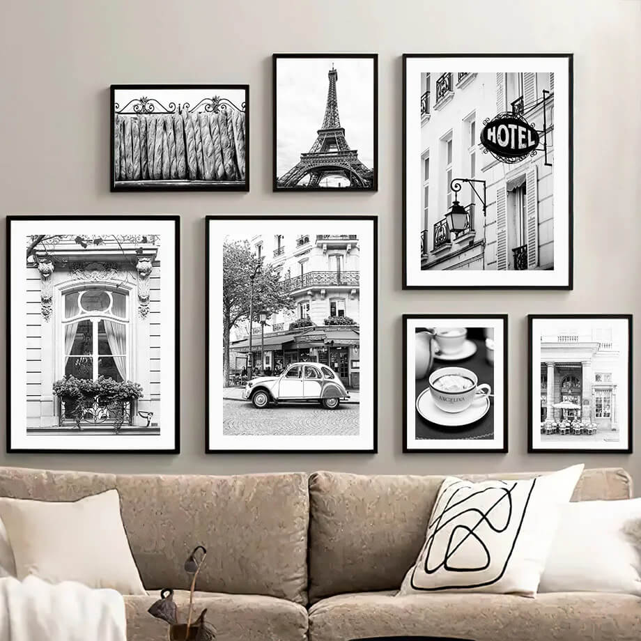 Black and White Paris Cafe Tower Wall Art Canvas Prints