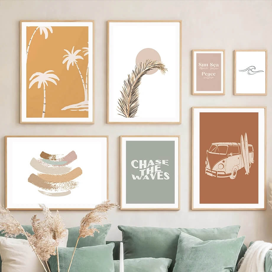 Beach Palm Tree Surf Bird Boho Wall Art
