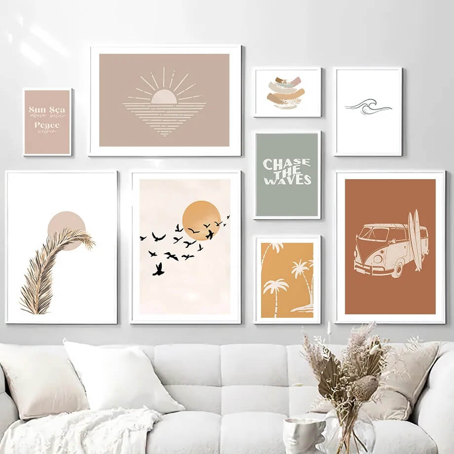 Beach Palm Tree Surf Bird Boho Wall Art