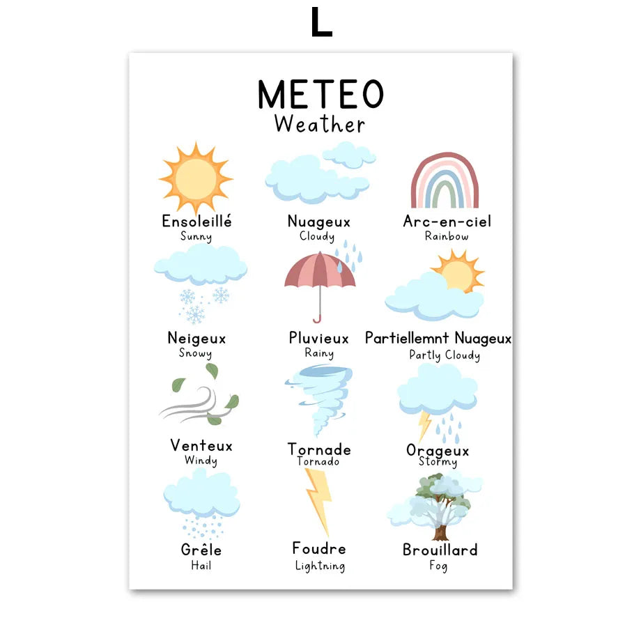 Bilingual French English Educational Number Alphabet Emotions Learning Canvas Prints