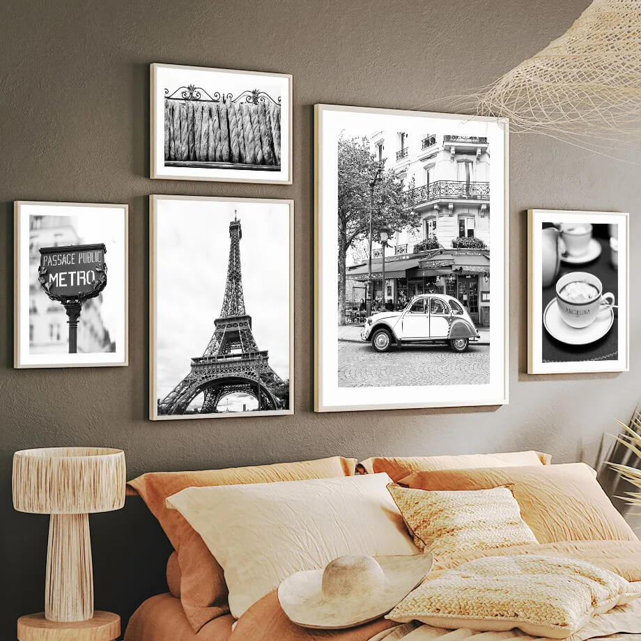 Black and White Paris Cafe Tower Wall Art Canvas Prints