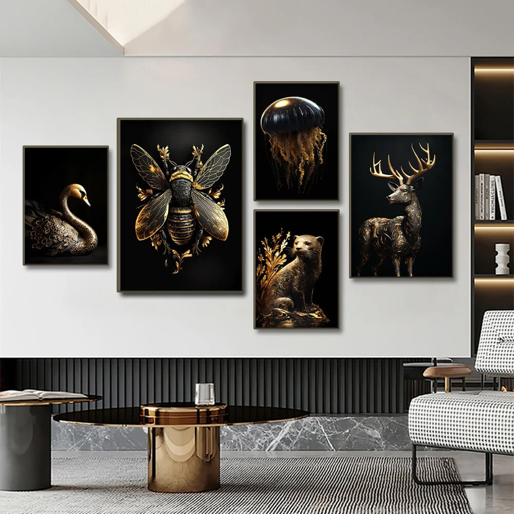 Black Gold Eagle Lion Wild Animals Canvas Wall Art
