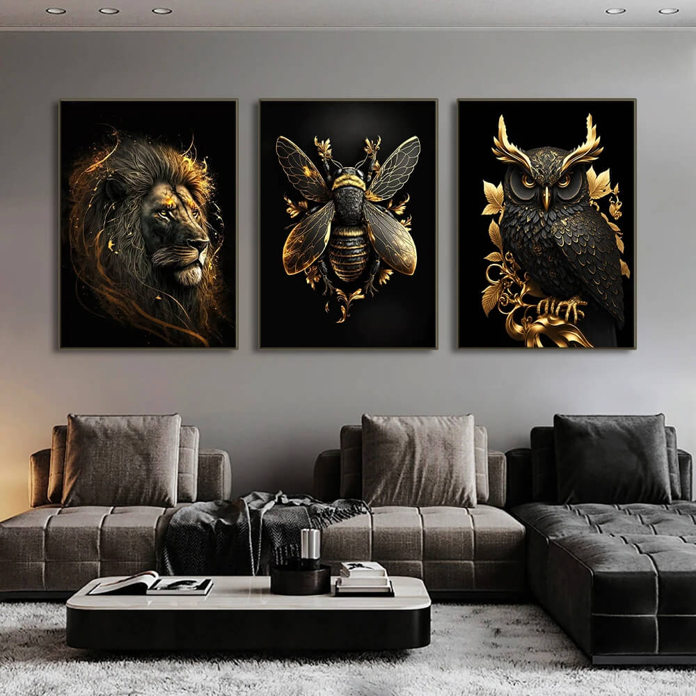 Black Gold Eagle Lion Wild Animals Canvas Wall Art