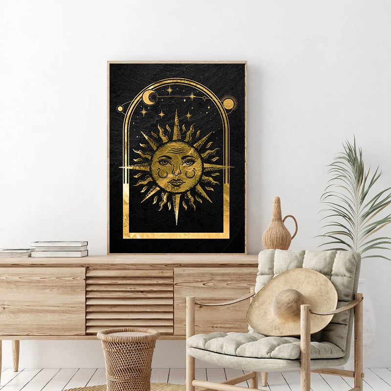 Black Gold Sun Moon Tarot Card Wall Art