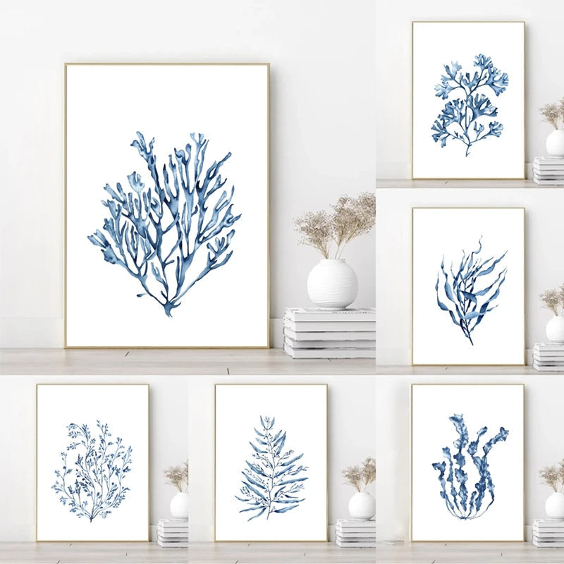 Blue Coral Watercolor Canvas Print Wall Art