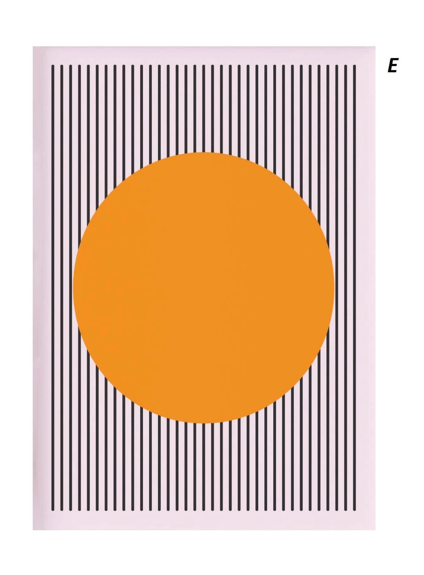 Poster with a large orange circle on a background of black vertical stripes.