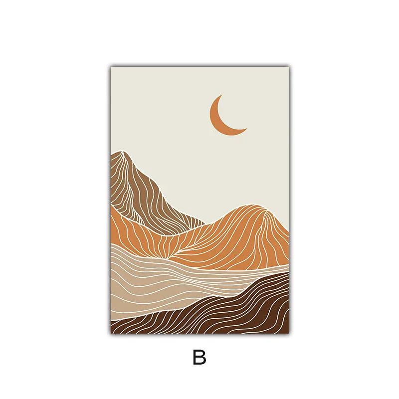 Abstract mountain and moon design on a beige background
