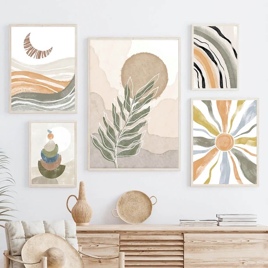 Boho Minimalist Beach Monstera Leaf Sun Rainbow Canvas Prints
