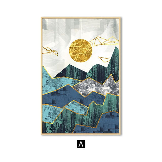 A set of three canvas prints featuring an abstract mountain landscape with blue, green, and golden colors, displayed above a grey sofa with decorative pillows.
