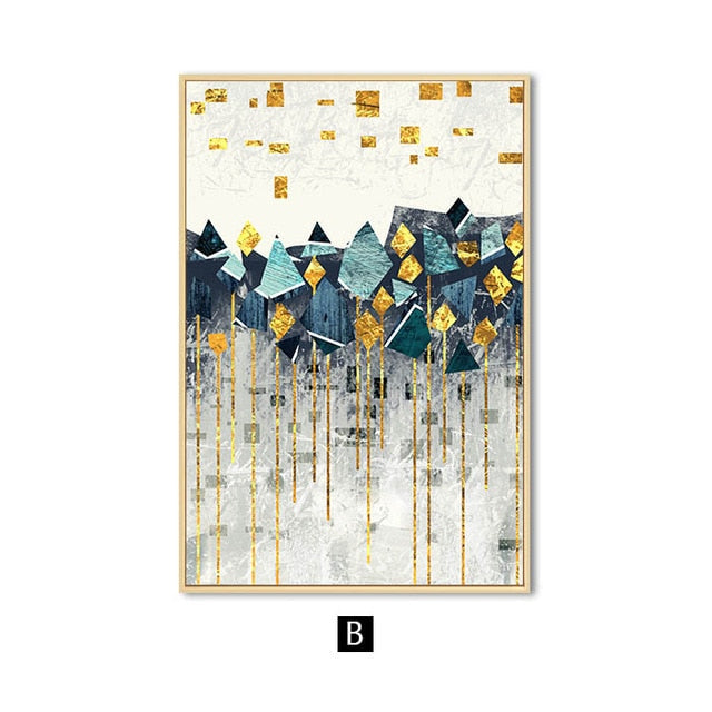 A set of three canvas prints featuring an abstract mountain landscape with blue, green, and golden colors, displayed above a grey sofa with decorative pillows.