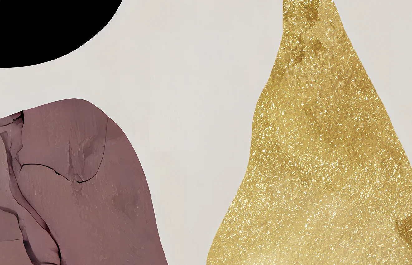 Abstract art with gold and purple shapes on a light gray background