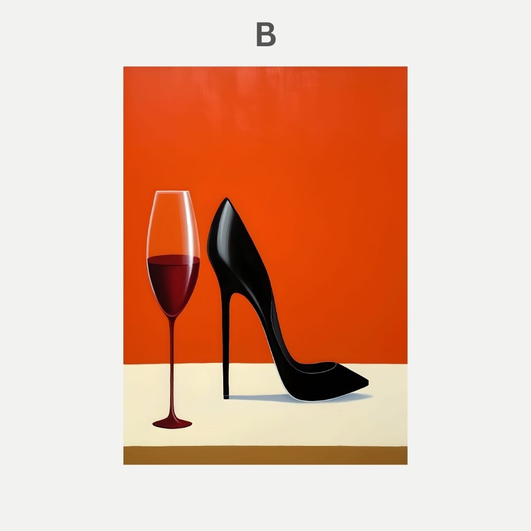 Black high-heeled shoe and glass of red wine on a red background