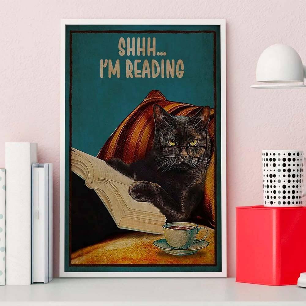 Black Cat Vintage Reading Canvas Wall Art