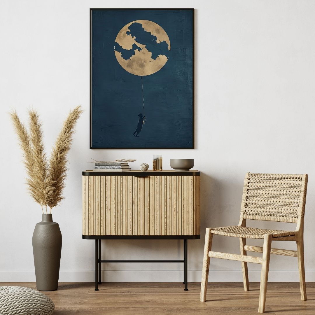 Japandi Dark Night Full Moon Sky Canvas Print Wall Art