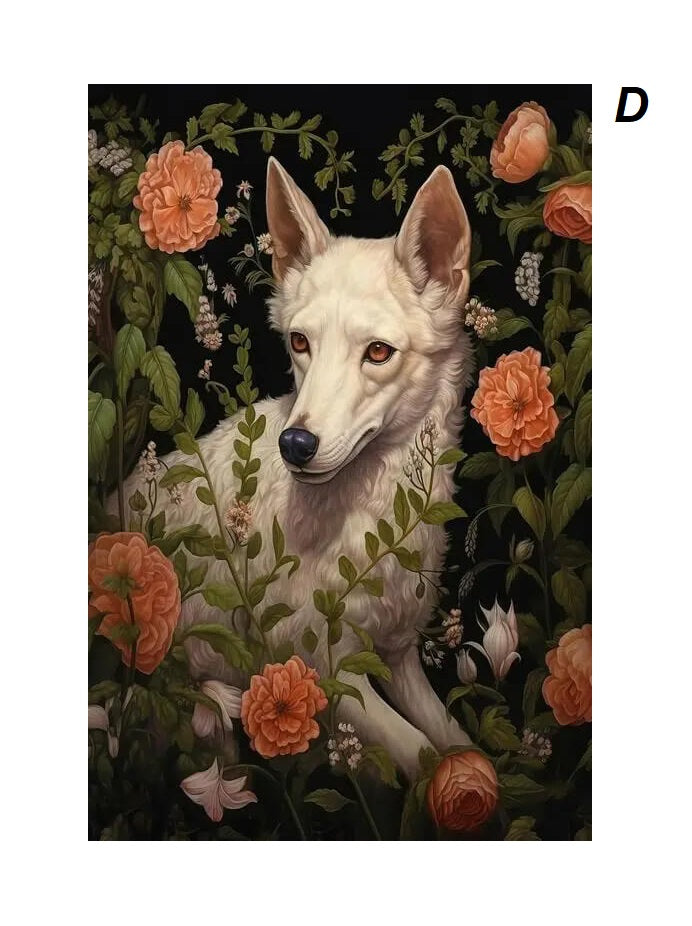 A white dog with alert ears and expressive eyes is surrounded by lush greenery and vibrant orange flowers on a dark background