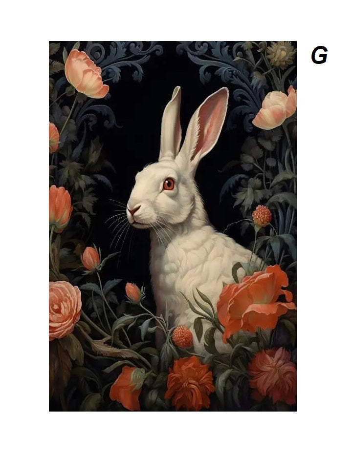A white rabbit with red eyes is surrounded by vibrant orange and pink flowers against a dark, ornate background.