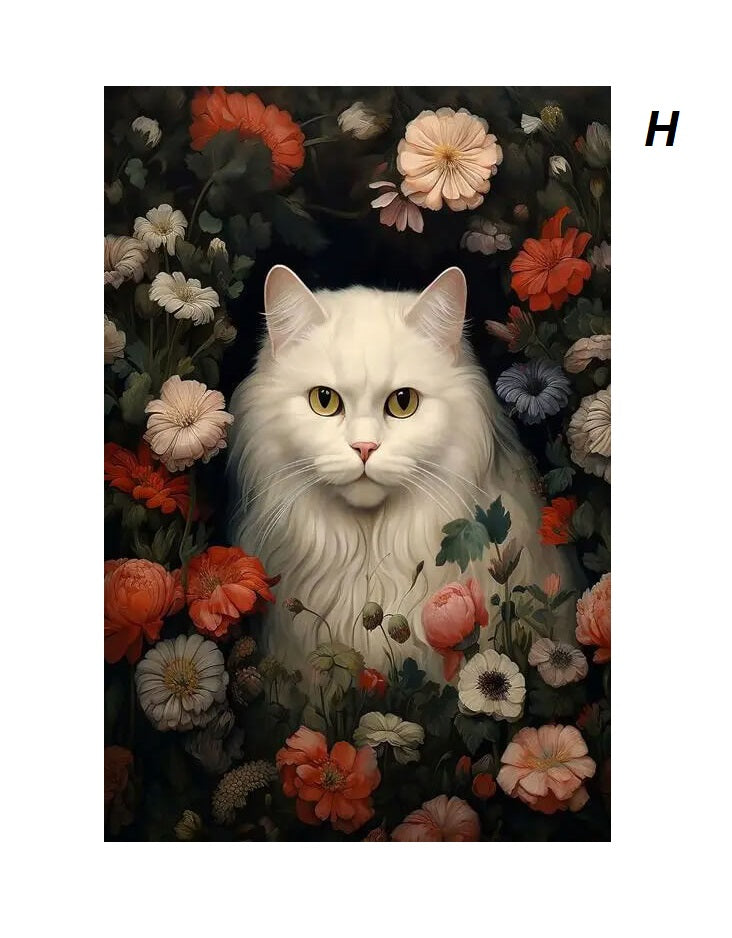 A fluffy white cat is surrounded by a variety of colorful flowers, including red, pink, and white blossoms on a dark background