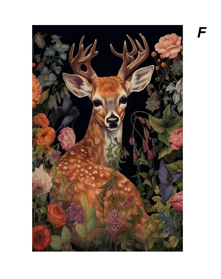 A deer with antlers stands amidst a vibrant array of flowers and foliage, accompanied by a black bird, against a dark background.