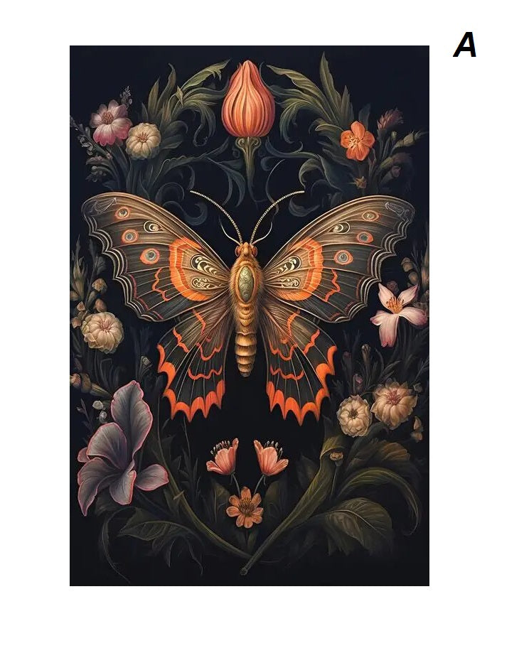 Intricately detailed butterfly with orange and brown wings surrounded by various blooming flowers and foliage on a dark background.