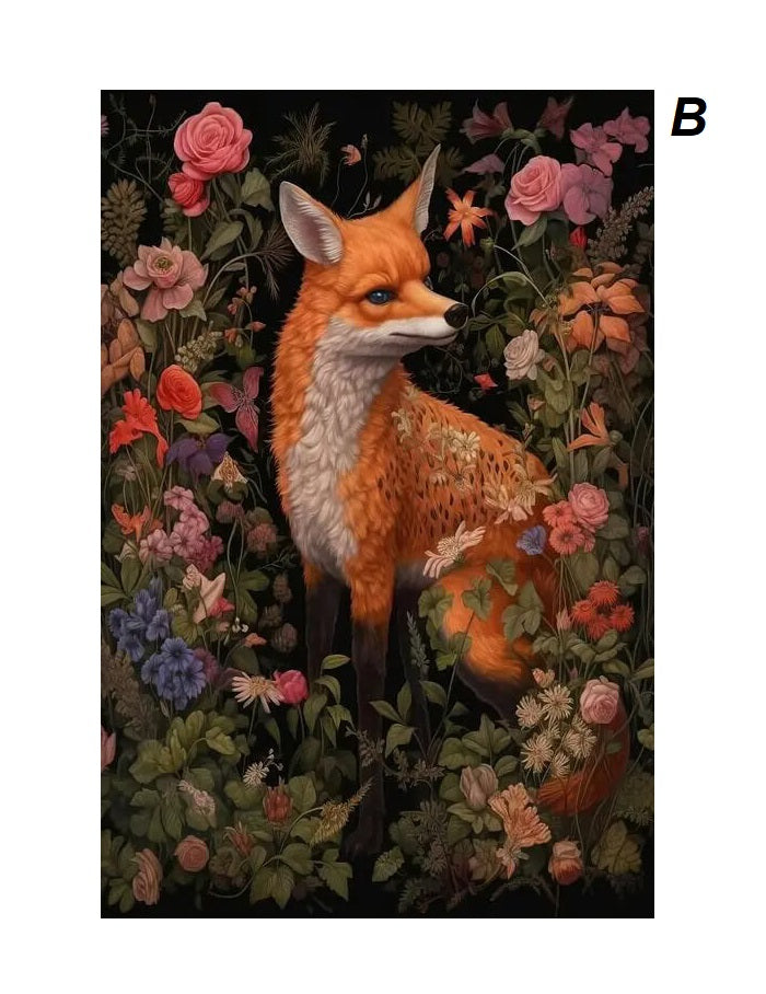 A vibrant illustration of a orange fox standing amidst a lush array of colorful flowers and foliage, set against a dark background.