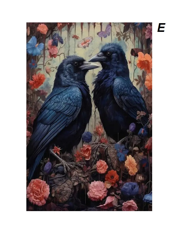 Two dark blue ravens perched amidst a vibrant array of colorful flowers and butterflies, creating a mystical and enchanting scene.