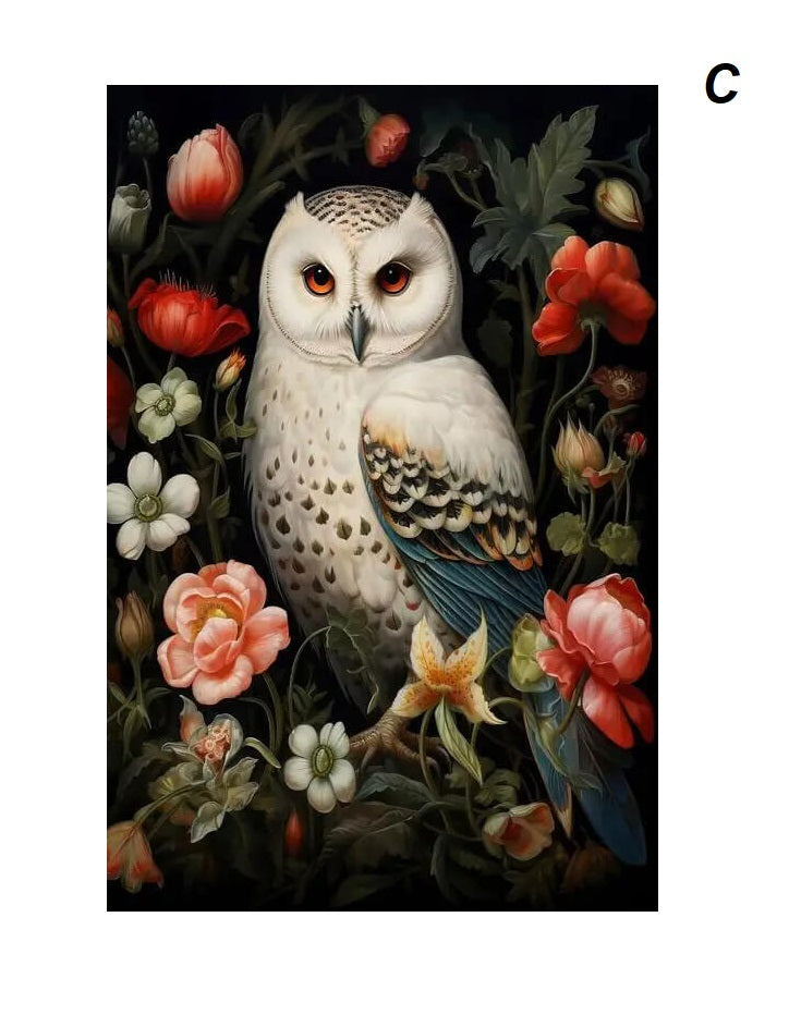 Poster of a white owl with intricate feather patterns, surrounded by various vibrant flowers, including roses and poppies on a dark background