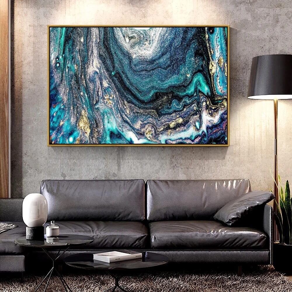 Turquoise Gold Marble Swirl Modern Canvas Print Abstract Painting Large Wall Art
