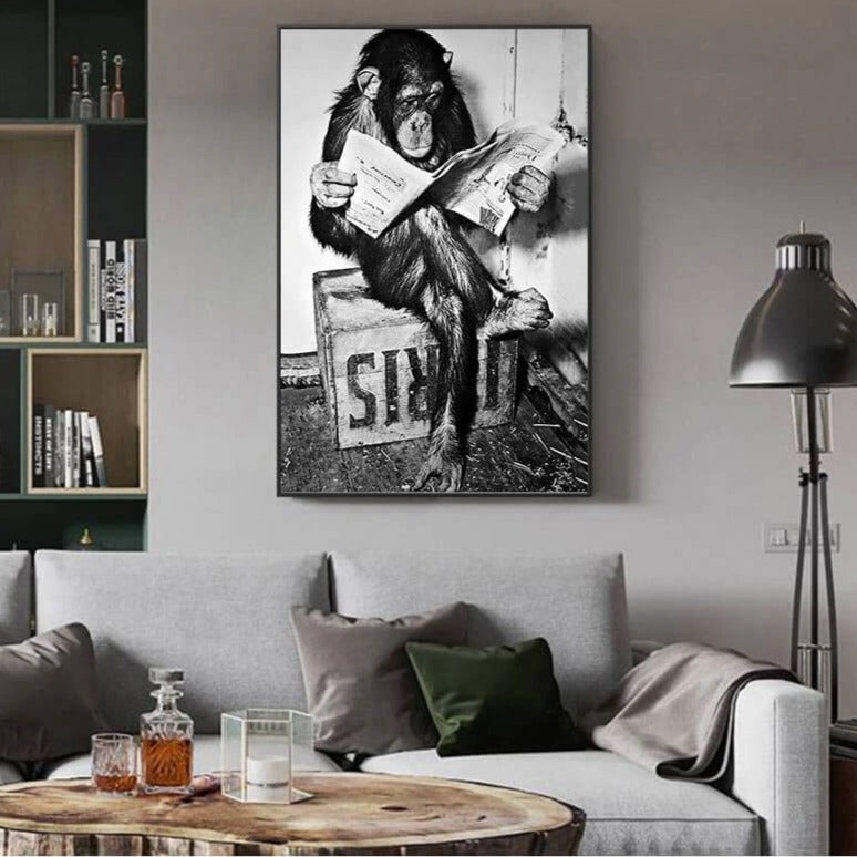 Black and White Reading Monkey Canvas Print