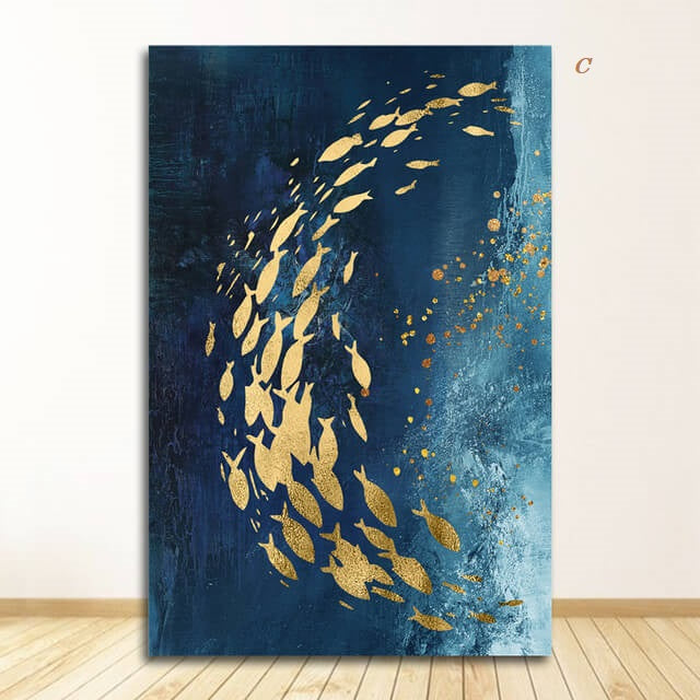Golden Fish in Abstract Azure Sea By Night Canvas Wall Art