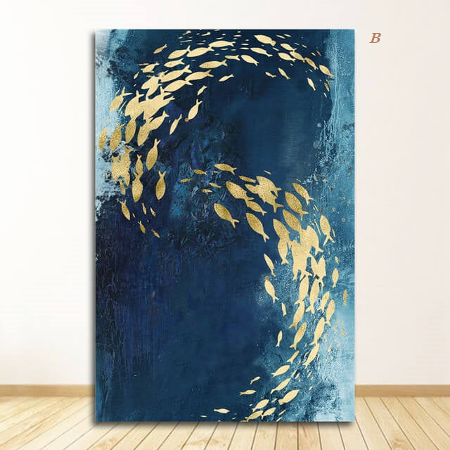 Golden Fish in Abstract Azure Sea By Night Canvas Wall Art