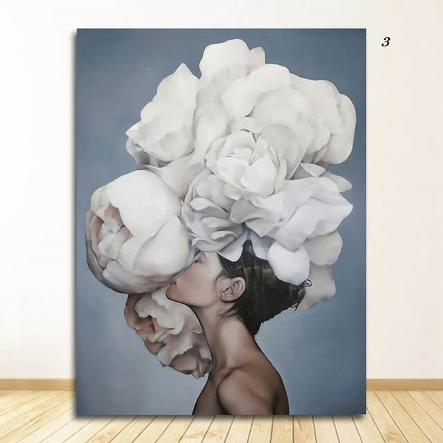 Women with Flowers Feather Head Canvas Wall Art