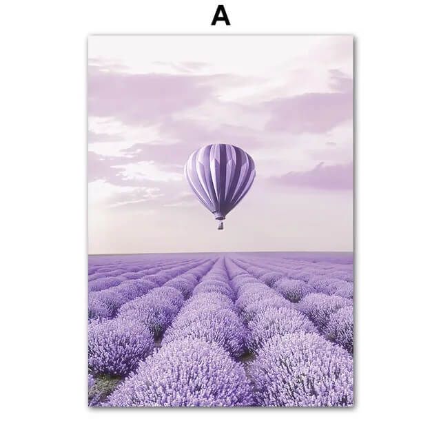 Dreamy Purple Lavender Landscape Hot Air Balloon Canvas Prints