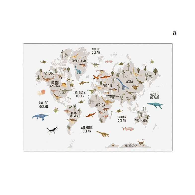 Educational Dinosaur World Map Canvas Print