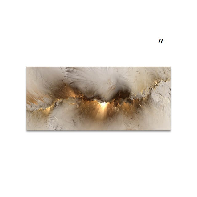 A large abstract grey and gold cloud canvas wall art displayed in a modern living room setting with a stylish chair and table.