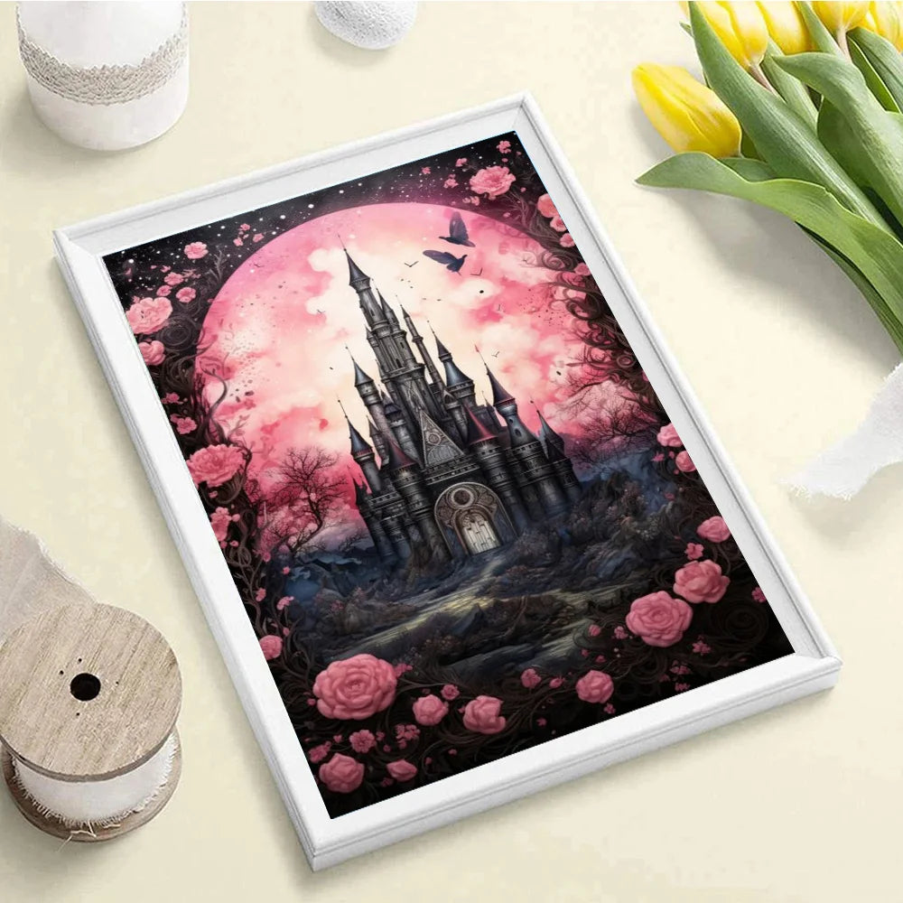 Gothic Retro Dark Academia Pink Flower Raven Castle Witchery Canvas Print