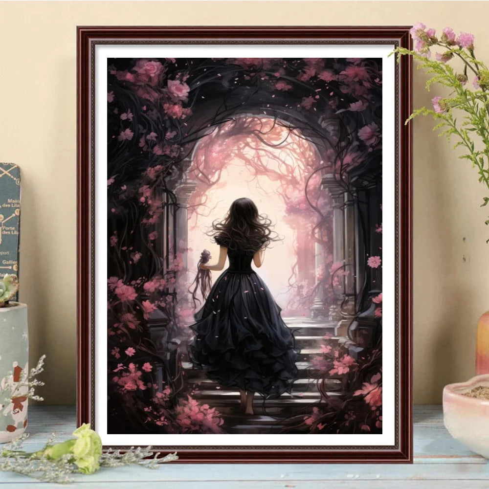 Gothic Retro Dark Academia Pink Flower Raven Castle Witchery Canvas Print