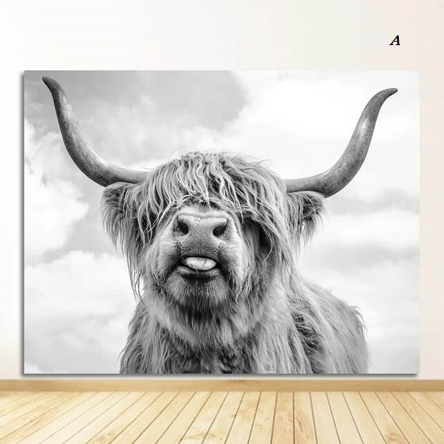 Highland Cattles Black and White Canvas Prints