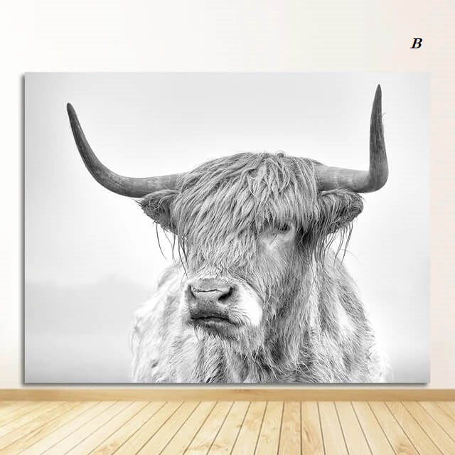 Highland Cattles Black and White Canvas Prints