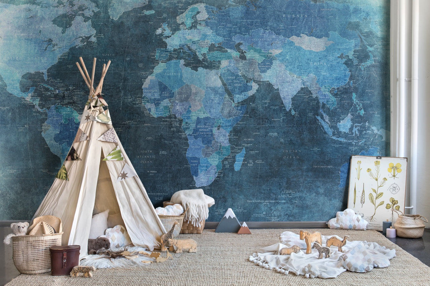 World Map Vintage Blue Mural Wallpaper (SqM)
